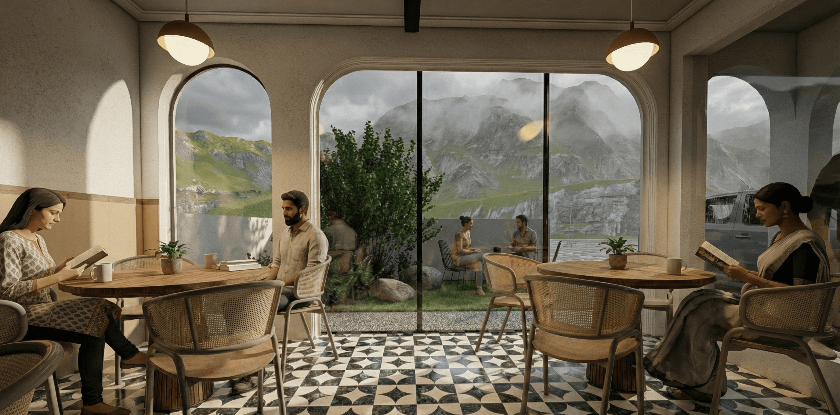 Scenic solitude: A peaceful sanctuary where modern design meets nature, offering a quiet corner to read or converse while overlooking the valley.