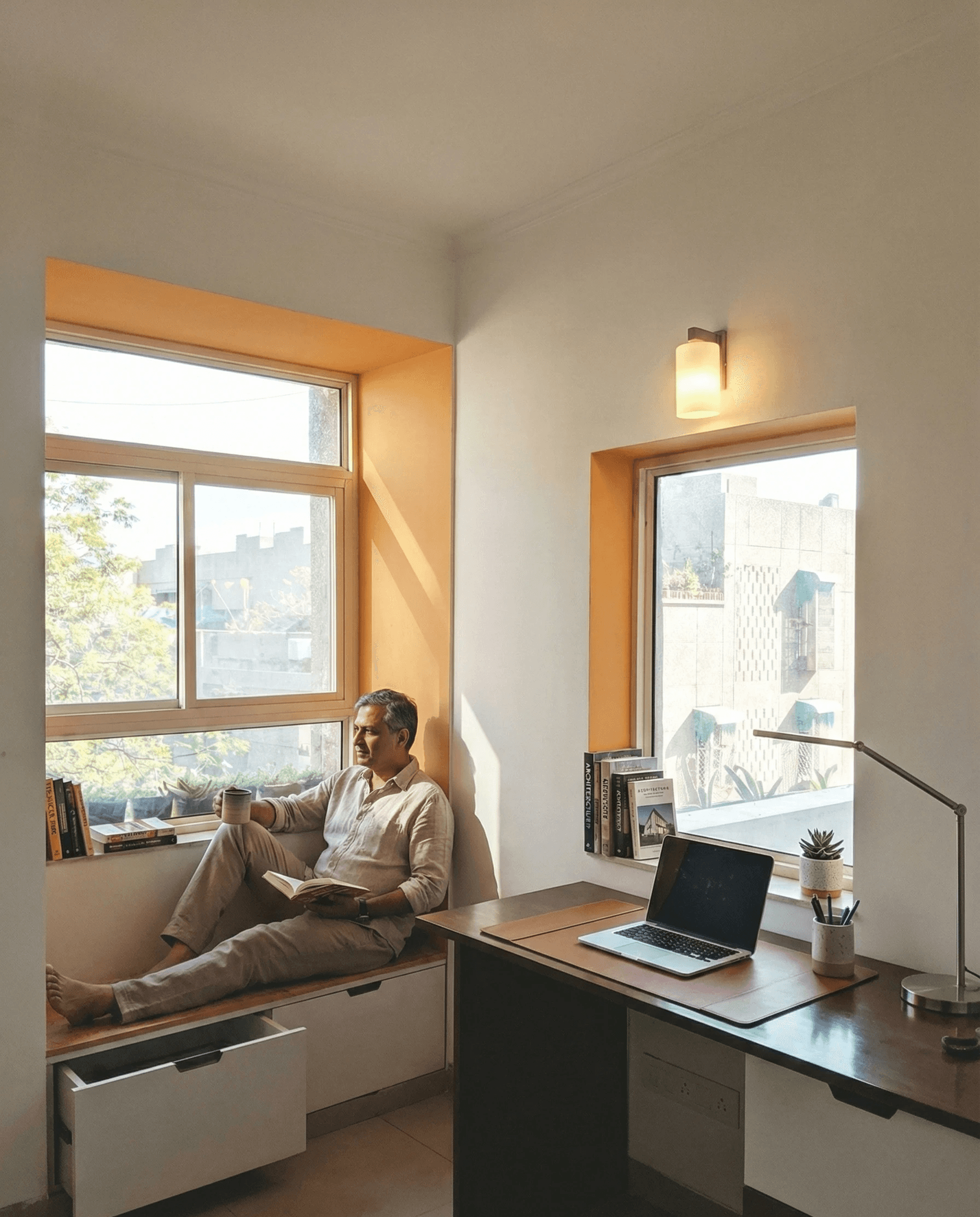 Dual-Purpose Design: This efficient corner seamlessly blends productivity and leisure, combining a functional study desk with a cozy, storage-integrated window seat.