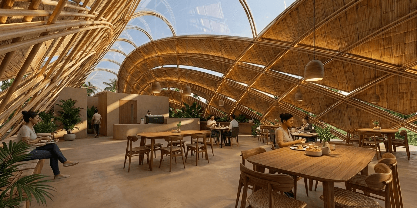Bamboo Cathedral: The space is defined by soaring, arched bamboo trusses that create a majestic, cathedral-like volume, filtering soft natural light through the woven roof structure.