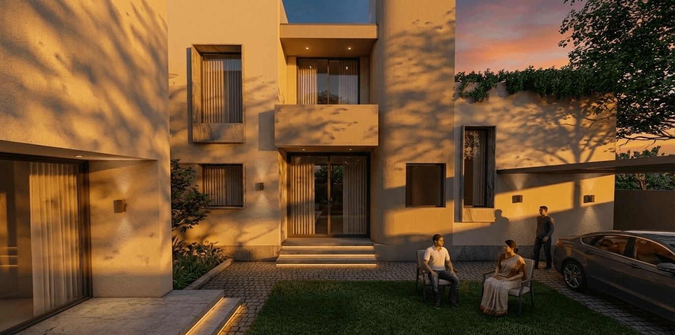 Modern warmth: Deep-set windows and clean geometric forms define the exterior, softened by the warm evening light and the presence of family life.