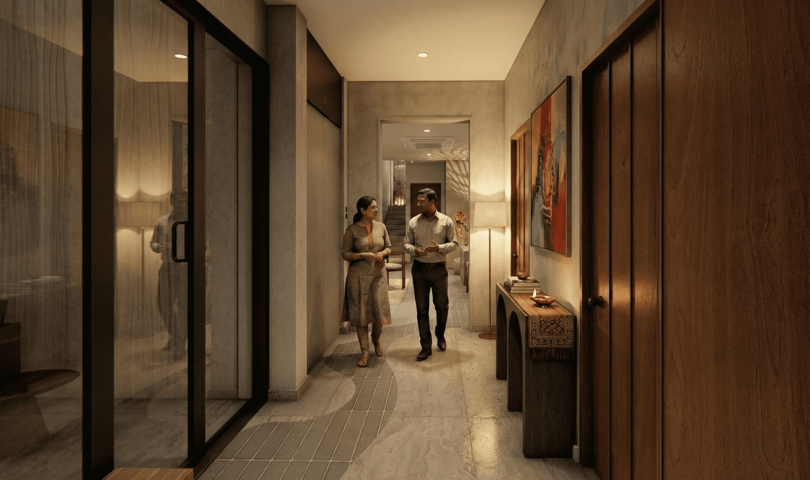 Visual depth: Large glass partitions maintain a sense of openness, allowing light to filter through while reflecting the textured walls and modern artwork.