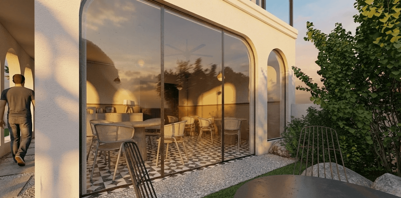 Golden light warms the textured arches of this serene poolside retreat.