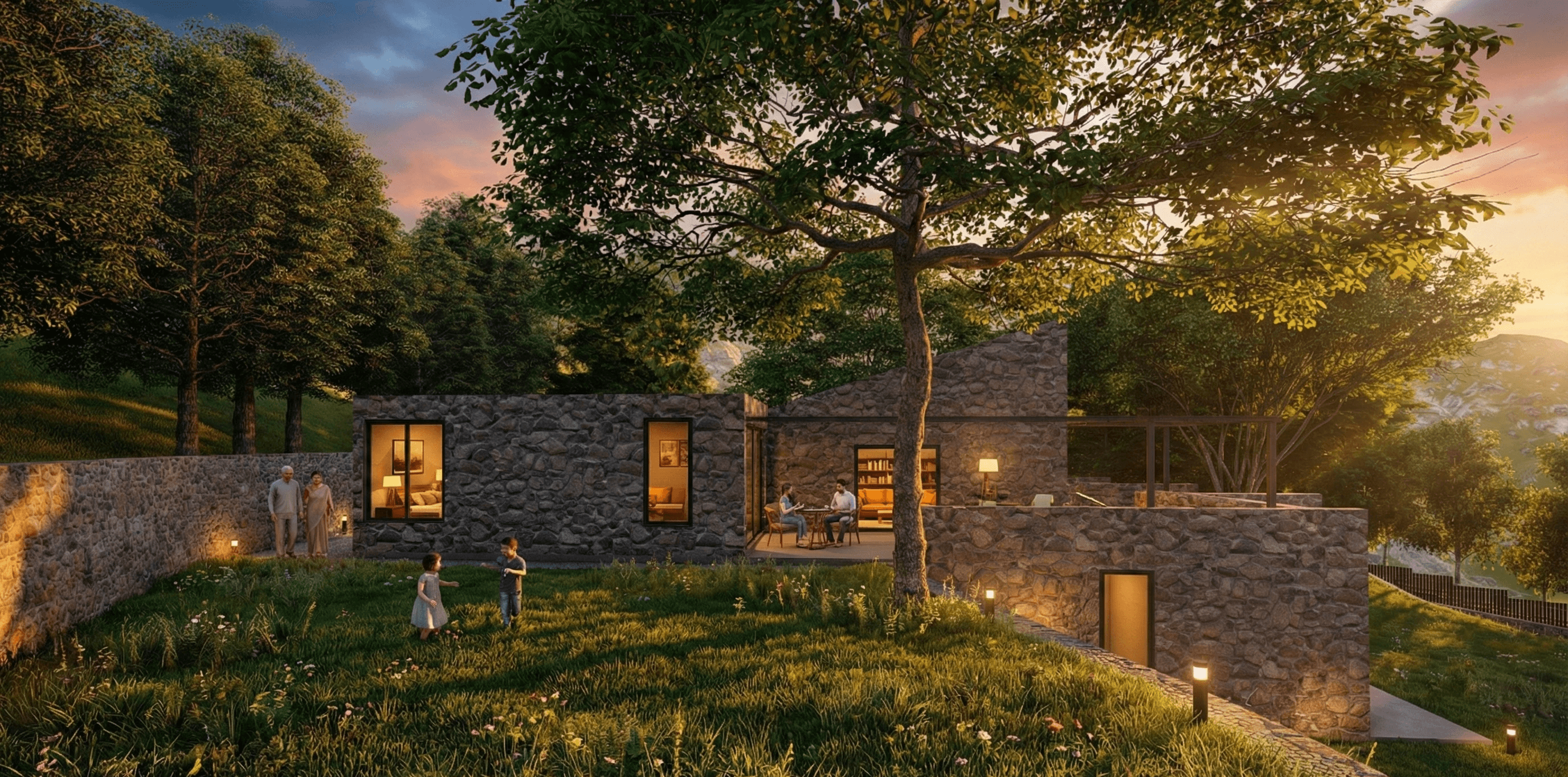 Panoramic Solitude: Perched on the hillside, the villa features a broad terrace that invites residents to step out and soak in the golden sunset views over the valley.