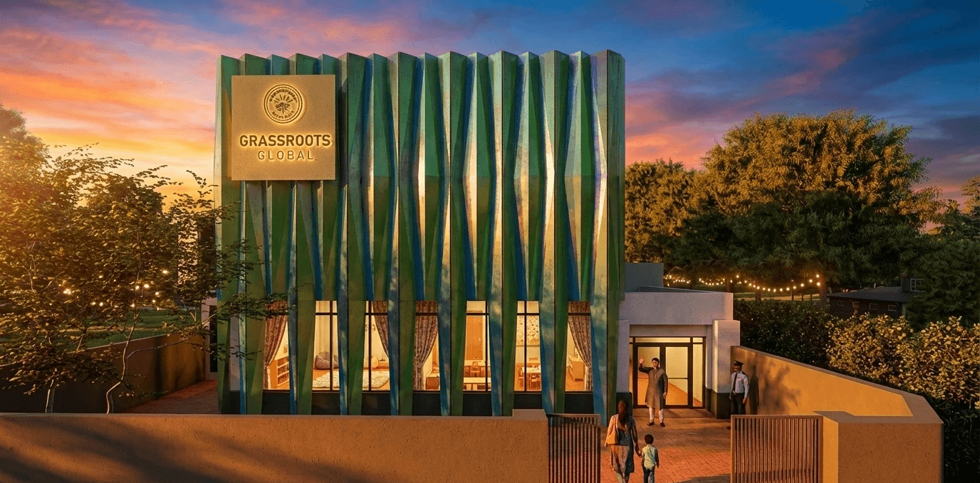 Iconic Street Presence: Bold branding and a distinctive architectural form define the entrance, establishing a clear and modern landmark within the neighborhood context.