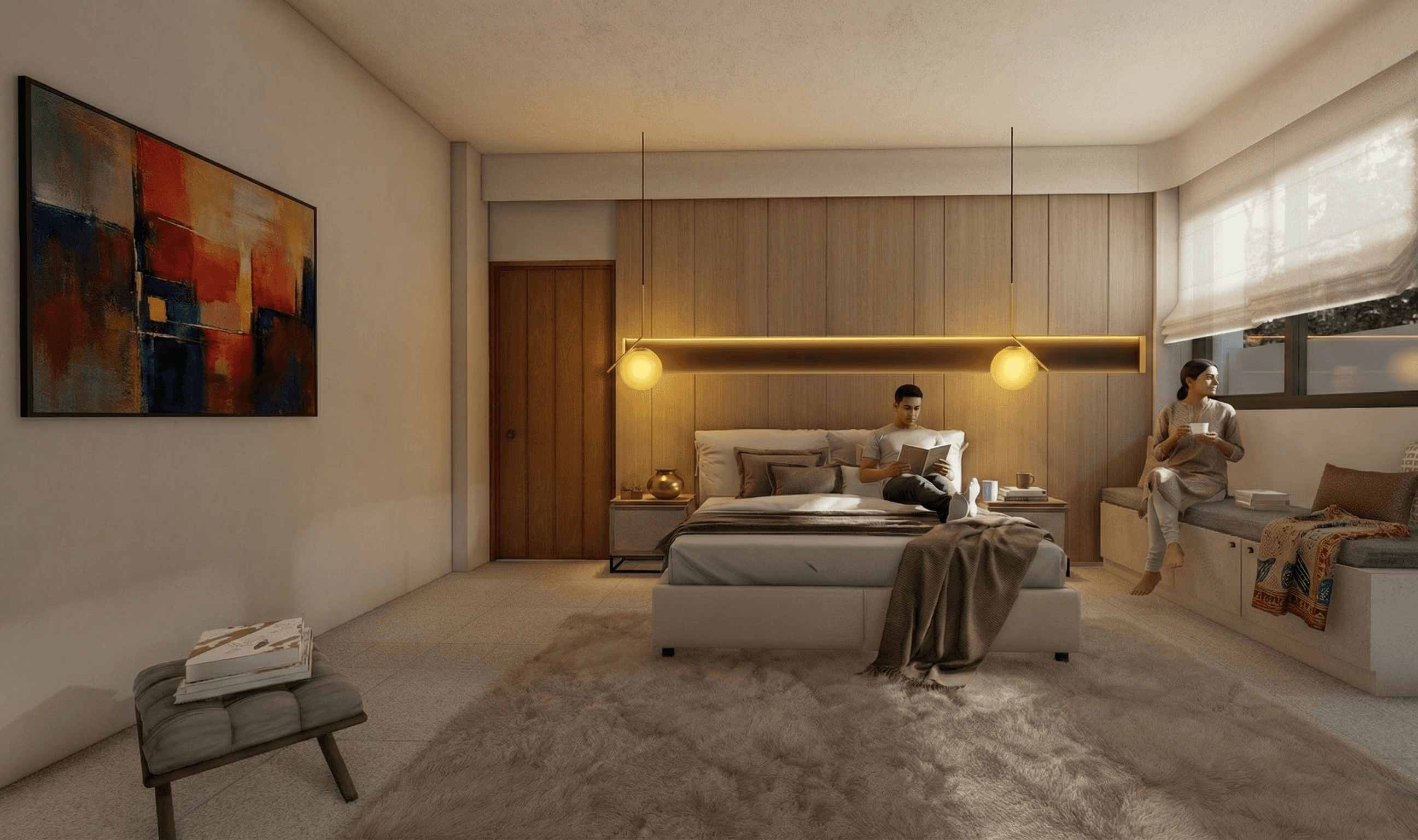 Designed for downtime: Clean lines meet plush textures in this master suite, where a curated art piece and a built-in reading nook invite relaxation.