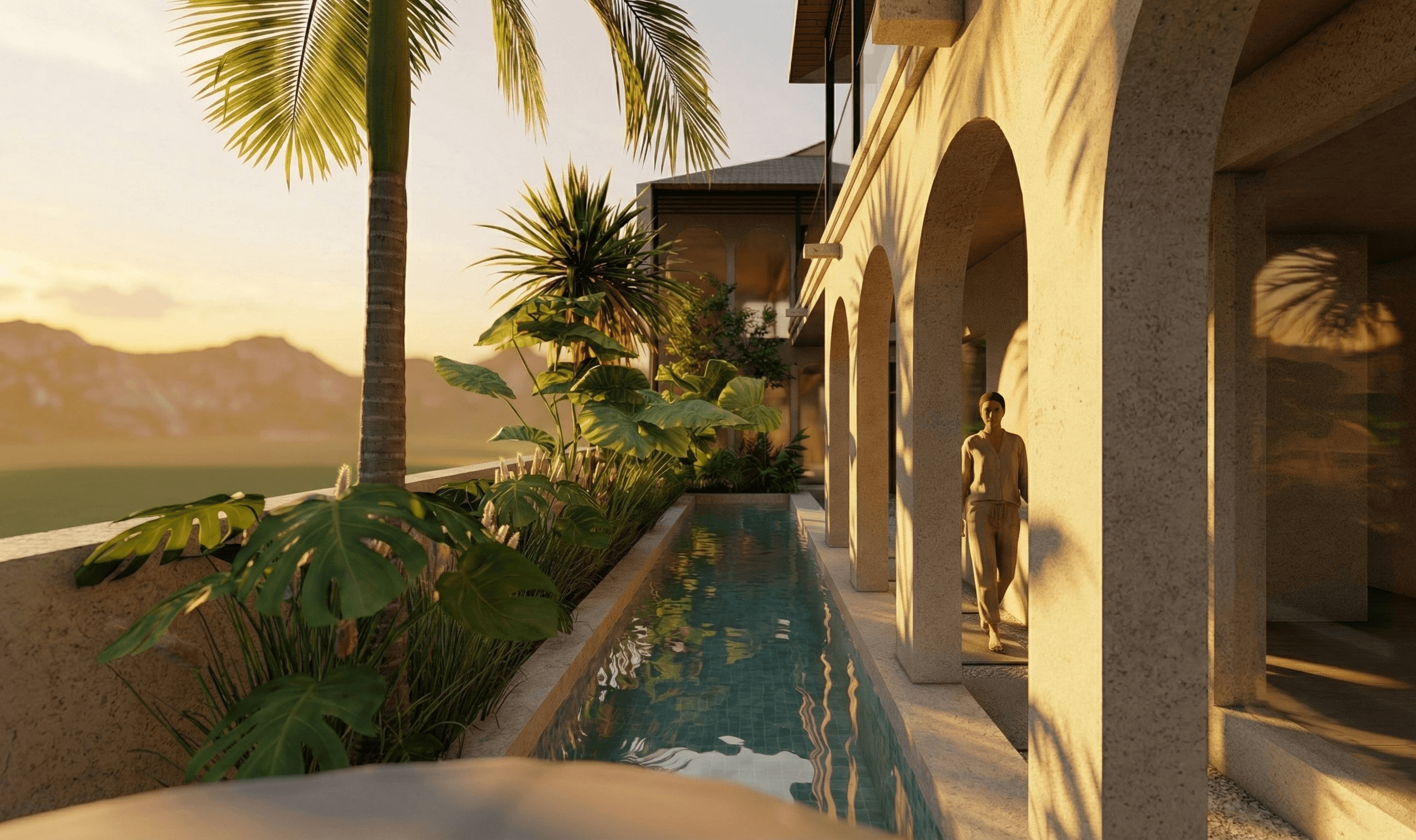 The Arched Promenade: A rhythmic colonnade of textured arches defines the poolside walkway.